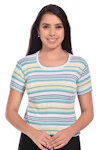 Women Striped V Neck Viscose Rayon White, Green,line T-Shirt-thumb