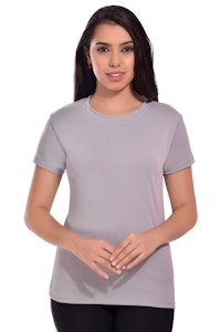 Women Solid Round Neck Grey T-Shirt-thumb